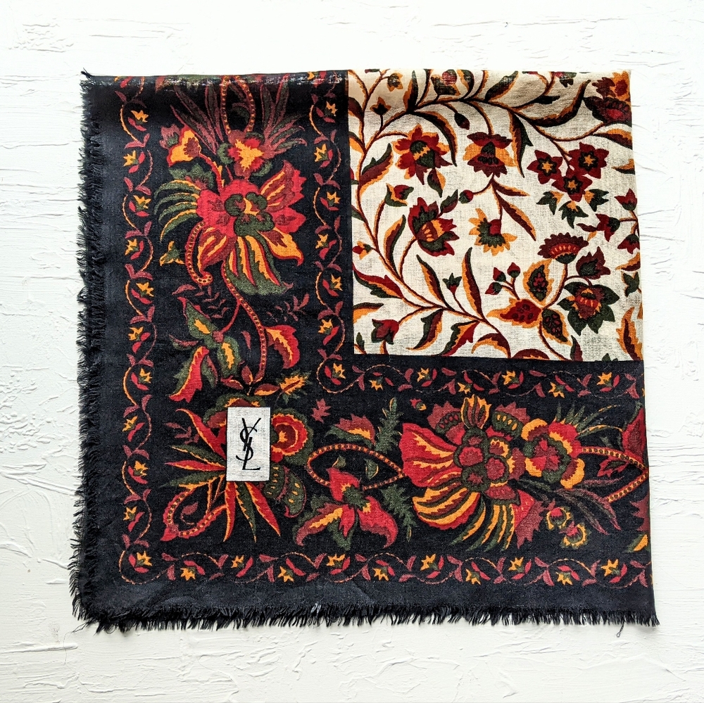 Yves Saint Laurent Floral Scarf - Black, Red, Orange, Cream